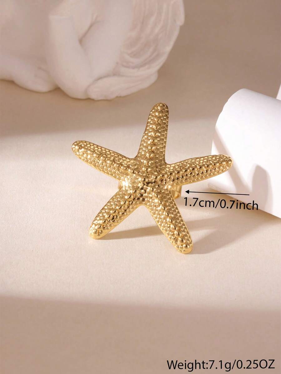 1pc Minimalist Fashion Starfish & Scallop Shell Ring, 18K Gold Plated Stainless Steel Beach Style Vacation Exaggerated Jewelry, Suitable For Women's Daily Wear - Multicolor - View 1