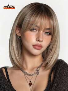 12 Inch Deep Root Light Brown Straight Bob Wig, Lightweight Soft Synthetic Fiber, Full Face Framing Bangs, Comfortable Adjustable Wig Cap, Suitable For Daily Commute, Vintage Photoshoot, Holiday Cosplay, Costume Party, Women's Fashion Synthetic Wig - Brown Ombre - View 2
