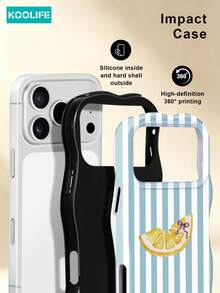 KOOLIFE 1-Piece White Phone Case With Light Blue Hand-Painted Striped Pattern, Suitable For Phone 17 Pro Max, And Also For IPhone 16 Pro Max, 15 Pro Max, And 14 Pro Max. A High-End, Fashionable, And Fun Korean-Style Phone Case, Compatible With 11/12/13/14/15/16 Pro Max. - Blue and White Striped Lemon - View 2