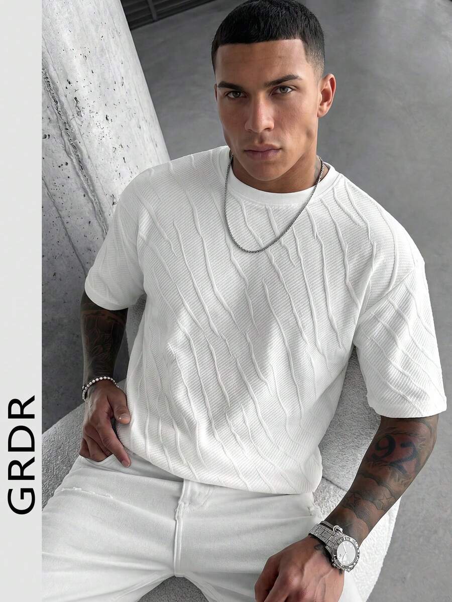 GRDR Minimalist Textured Short Sleeve T-Shirt, Casual Commuter Versatile Top For Men, Summer - White - View 1