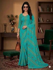 Estationeryhouse Bandhani Diagonal Print With Unstitched Blouse Piece - Turquoise - View 2