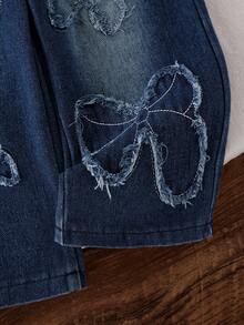 Baby Girl Spring/Autumn Fashion Denim Bow Decor White Ribbed Flutter Sleeve Long Sleeve Top And Frayed Bow Patch Denim Pants Set - White - View 7