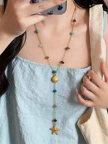 1pc Ocean Vacation Style Shell & Starfish Beaded Pendant Necklace, Colorful Beaded Long Y-Shape Sweater Chain, Suitable For Daily Wear & Beach Vacation (Beads Randomly Assorted) - Multicolor - View 4