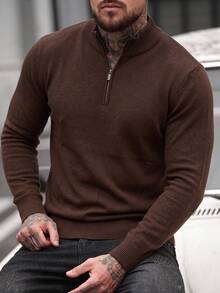Men's Brown Half-Zip Half-High Neck Sweater, Solid Color Knit Casual Autumn/Winter Mature Business Base Layer Long Sleeve Top - Brown - View 1