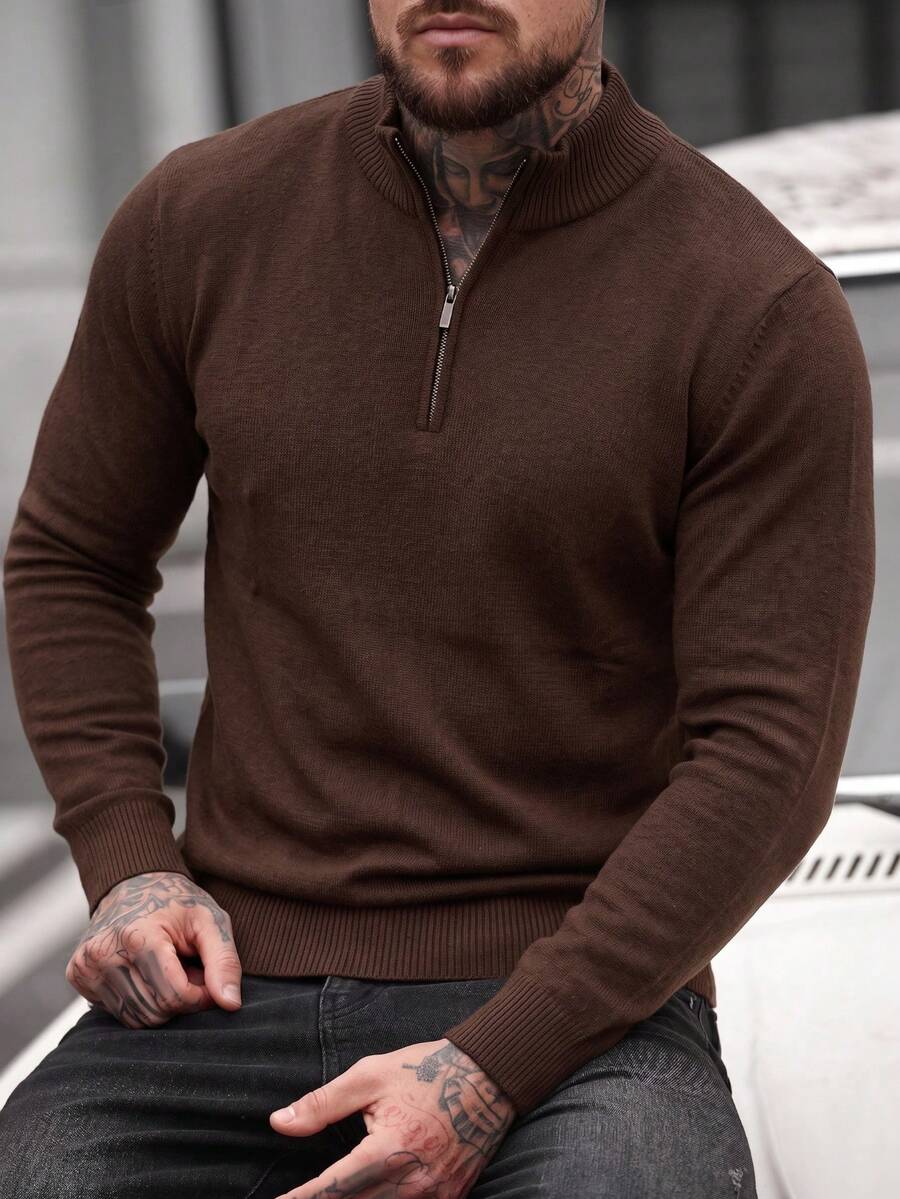 Men's Brown Half-Zip Half-High Neck Sweater, Solid Color Knit Casual Autumn/Winter Mature Business Base Layer Long Sleeve Top - Brown - View 1