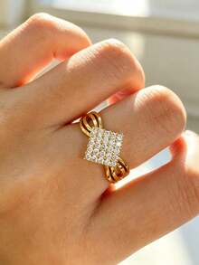 1pc S925 Sterling Silver Inlaid Synthetic Zirconia Geometric Square Women's Ring, Elegant Elegant Ladies Daily Wear Bohemian Quality Jewelry - Yellow Gold - View 13