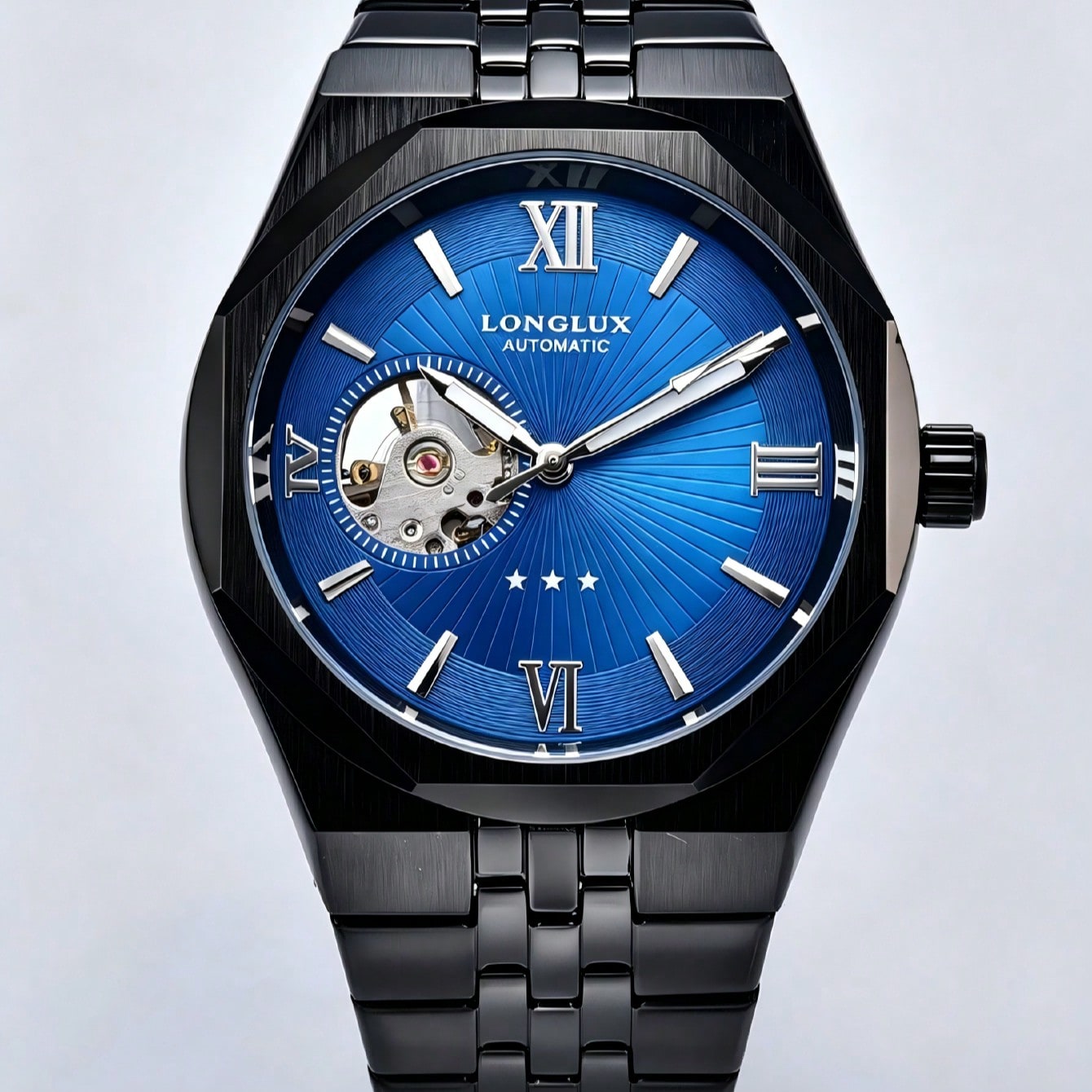 1pc Men's Automatic Mechanical Watch With Hollow Roman Mixed Dial, Luxury Business Style Stainless Steel Band Wristwatch, Suitable For Daily Wear And Holiday Gift