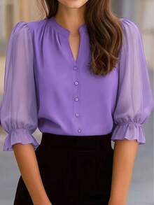 Blus Wanita Elegan Leher Bulat Lengan 3/4 dengan Detail Jala Transparan dan Motif Kelopak Bunga, Pakaian Kerja Musim Semi/Panas, Warna Lavender - Ungu Taro - View 4
