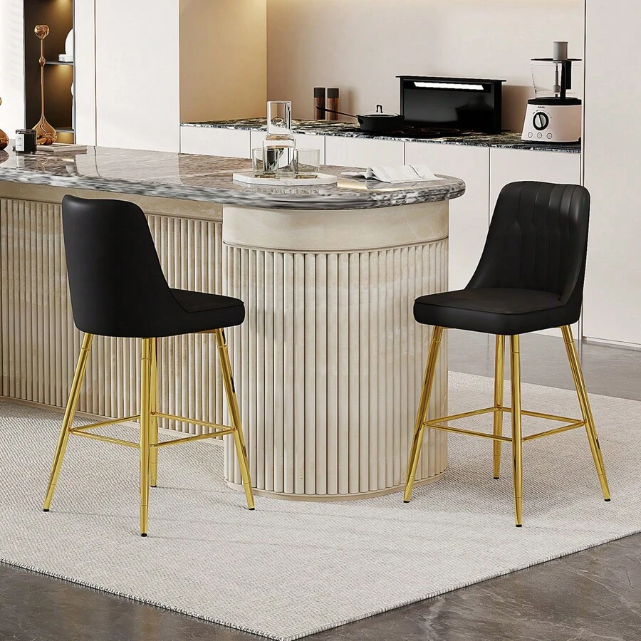 Set Of 2 Bar Stools / 100 Cm High. Stylish Bar Stools / Black PU Leather And Comfortable Footrest / Available In Several Colors / 120 Kg Load Capacity / For Restaurants, Bars And Living Rooms - 黑色+金色 - 查看 1