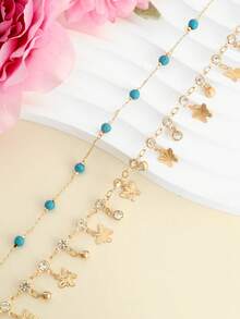 2pcs/Set Turquoise Anklet With Butterfly, Rhinestone Tassel, Perfect For Summer Daily/Beach Vacation, Western Jewelry - one-size - View 4