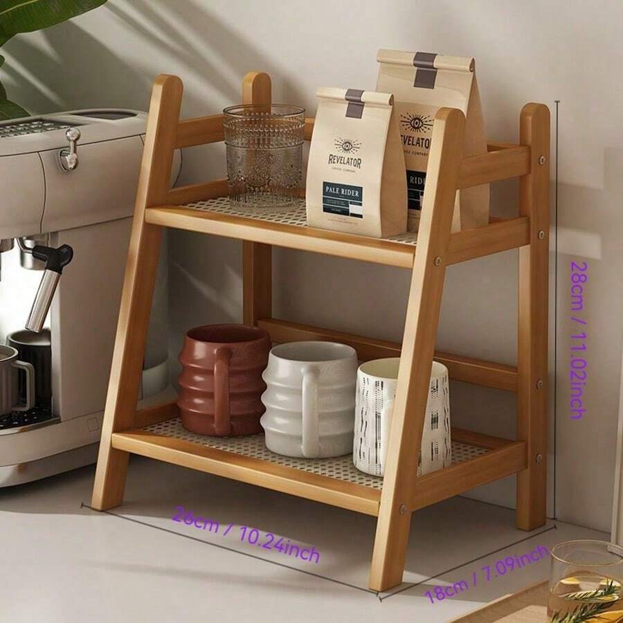 Estante de almacenamiento de bambú de doble capa para tazas deé, tazas de café, especiero, estante para macetas, estante de almacenamiento a prueba de humedad y con drenaje para cocina y oficina. - Color madera natural - pequeño - Ver 1