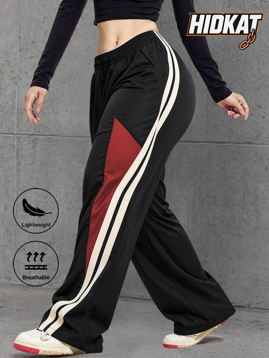 Fashionable Patchwork Maxi Women'S Pants, Loose Maxi Length, Contrast Color Patchwork Highlight, Elevate Outfit Layering, Suitable For Daily Commute And Casual Wear Tights Black Spring Sports
