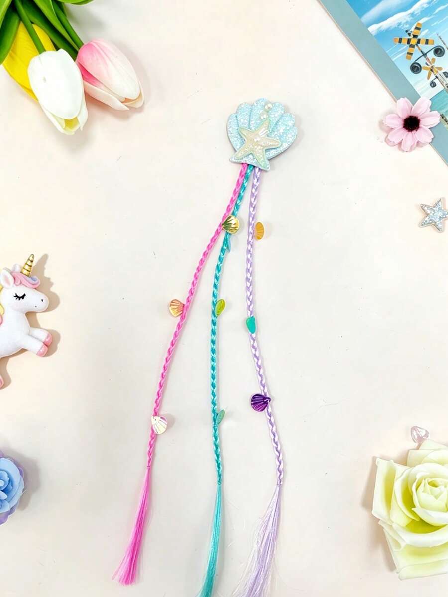 1pc Shell & Starfish Hair Clip With Braided Hair Extension, Fresh Ocean Style Cute Hair Accessory, Suitable For Summer Outings And Beach Vacation - Multicolor - View 1