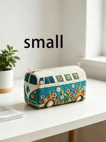 Quilted Makeup Bag, Floral Bus Design Cosmetic Organizer, Travel Storage Bag, Lightweight Foldable Storage Pouch, Zipper Closure, Washable Lining, Suitable For Makeup Brushes, Lipsticks, Skincare Bottles, Jewelry, Daily Organization, Overnight Trips, Vacations, Gym Lockers, Ideal For Travel Enthusiasts, Unique Birthday Gift, Holiday Gift, Party Gift, Vacation Gift, Back To School Gift, Anniversary Gift, Teacher Gift - Multicolor - View 12