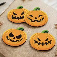 4 pièces Dessous de verre en forme de citrouille d'Halloween, imprimés avec différents styles de visages de citrouille amusants, pleins d'atmosphère festive d'Halloween, décoration de bureau, cadeau de fête exquis. Convient également comme décoration de bureau pour les cafés et les salons de thé. - Multicolore - Voir 6
