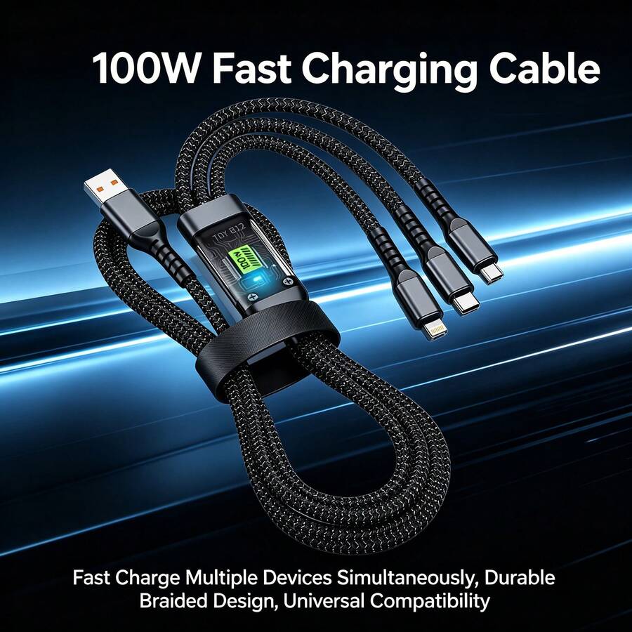 100W 三合一 USB 充電數據線,兼容多種設備,快速高效數據傳輸,編織充電線,兼容 17/16/15/14/13/12/11/XS/XR/8/7/6 系列 - 黑色 - 查看 1