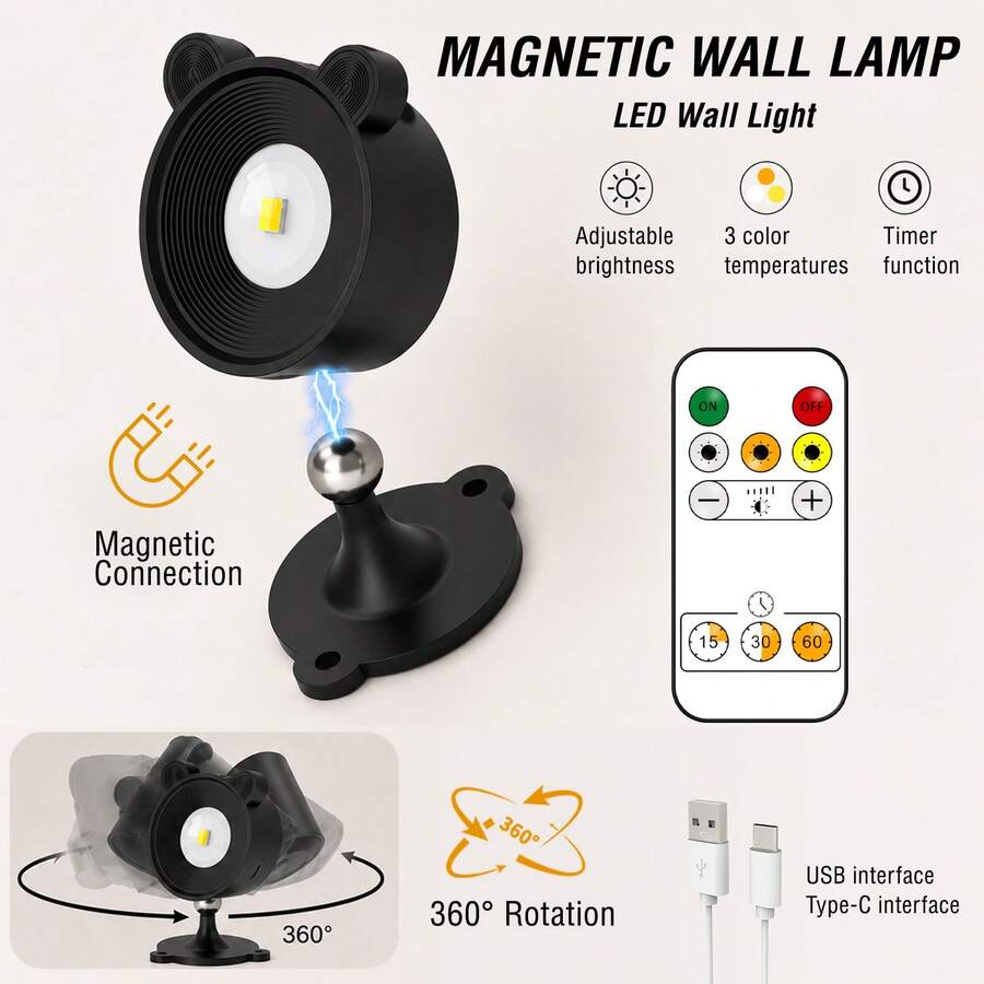 1/2 Pack Rechargeable Magnetic Wall Lamp, Touch & Remote Control LED Reading Light, 3 Color Modes, Dimmable And 360° Rotatable, Suitable For Bedroom And Bedside