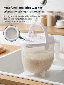 1pc 6.3"X3.15"X5.12" Thickened Transparent PP Rice Washing Bowl With Handle, No-Hand-Wash Rice Soaking And Cleaning Device, With Detachable Strainer Basket, Quick-Drain Grain Washer, Multi-Function Kitchen Tool For Rice, Fruit, Vegetables And Beans - Multicolor - View 3