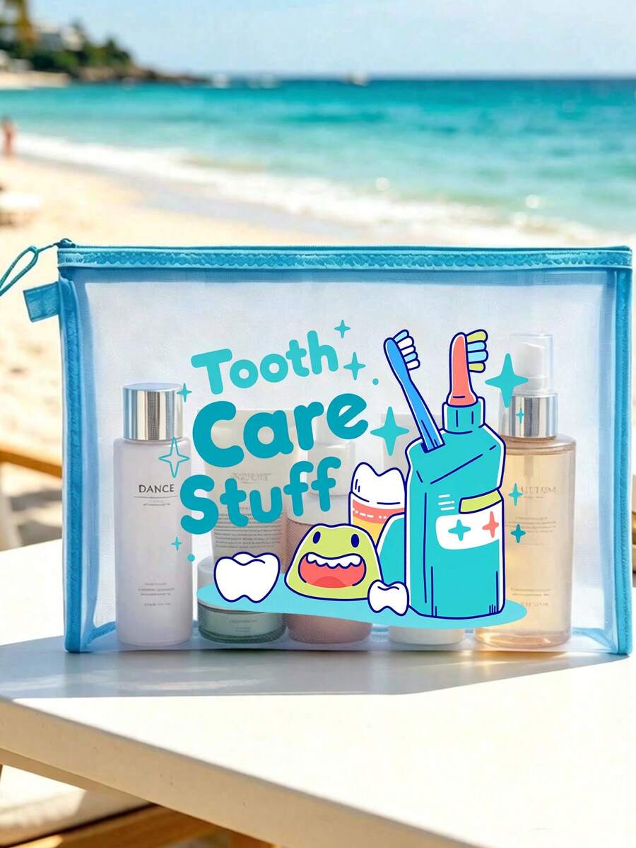 Star Teeth「Tooth Care Stuff」卡通字母圖案透明收納袋，網格便攜化妝包，盥洗用品收納袋，旅行化妝包；度假必備海灘收納用品；返校、寄宿學校、週末度假與日常通勤收納袋；可折疊輕量化妝包，適合商務旅行與便攜隨身包，小化妝包，化妝品收納盒，收納袋，大容量收納袋，送給女性、返校、情侶、父親節、生日的創意禮物