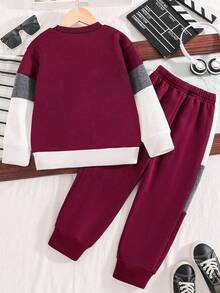 Tween Boy Letter Graphic Color Block Warm Crew Neck Sweatshirt And Pants Set - Burgundy - View 3