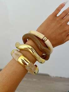 Bohemian Style 4pcs/3pcs/1pc Vintage Elegant Fashion Gentle Boho Vacation Style Geometric Asymmetrical Exaggerated Thick Water Wave Cloud Mist Tie Dye Brown Beige Green Leopard Print Resin Acrylic Spliced Bangle Stackable Curved Elastic Bamboo Joint Golden CCB Open Cuff Bracelet Set Minimalist Premium Basic Casual Multi-Piece Stackable Bracelet Suitable For Women Summer Beach Vacation Party Date Gift Daily Wear Versatile Accessory - Multicolor - View 3