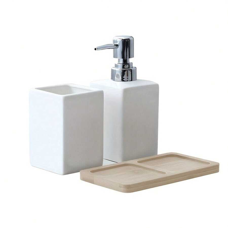3Pcs Square White Ceramic Bathroom Toiletry Set, Refillable Pump Dispenser Bottles For Hand Soap Shampoo Body Wash, Matching White Toothbrush Cup With Bamboo Storage Tray - White Three-piece Set - View 1