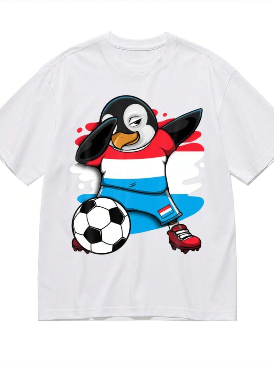 Dabbing Penguin Luxembourg Soccer Fans T-Shirt For Women Men Cotton Short Sleeve Crew Neck Graphic Top Tee - 白色 - 查看 1