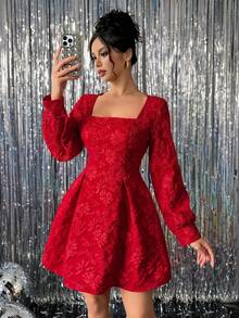 summer dresssummer dressRafferiza Vestido corto de mujer con cuello cuadrado, cintura fruncida y falda acampanada en tejido jacquard, para vacaciones y Navidadsummer dresssummer dress - Rojo - Ver 1