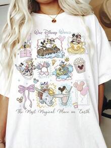 Oversize T-Shirt Disney Cartoon Bow Partner Printed T-Shirt Suitable 100% Cotton For Women, Suitable For Daily Outings Summer Casual Wear - 白色 - 查看 1