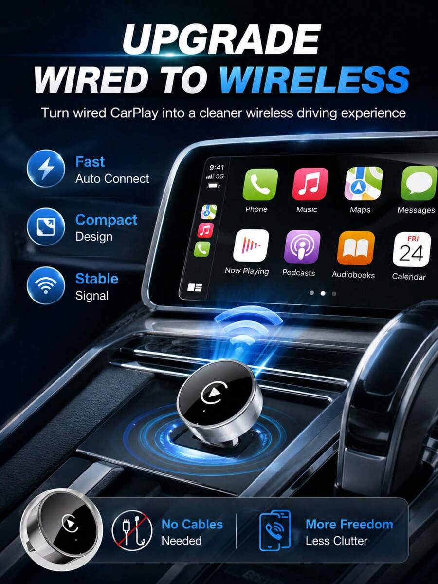 XF.Meraki 2合1無線CarPlay與Android Auto轉接器,即插即用。CarPlay將有線轉為無線,快速自動連接且無延遲。適用於與Android設備的緊湊設計,配備USB/USB-C接口(黑色)。 - 二合一車機互聯投機 - 查看 1