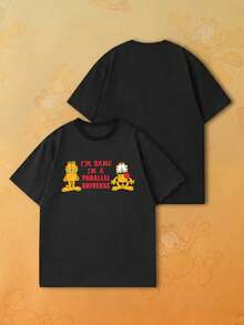 SHEIN | Garfield 女款雙卡通貓趣味標語黑色圓領寬鬆休閒街頭風短袖上衣 - 黑色 - 查看 5