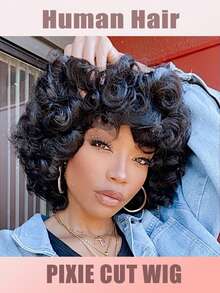 Short Loose Curly Bob Pixie Cut Wig ,Glueless Egg Wave Human Hair Wig Afro Kinky Curly Pixie Cut Wig Loose Curly Human Hair Wig With Bangs With Pixie Cut Wig Machine Made Rose Net Cap Pixie Cut Available In Three Colors Black/Orange/Piano Two-Tone - Multicolor - View 2