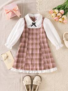 Gaun Anak Perempuan Motif Kotak-kotak Merah Muda & Cokelat 2 in 1, Gaun Gaya Preppy dengan Kerah dan Pita Hitam - MultiWarna - View 3