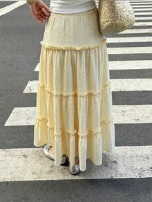 純色優雅休閒荷葉邊女款長裙，適合約會、情人節、音樂節、外出、海灘，春/夏季穿著 - 鵝黃色 - 查看 2