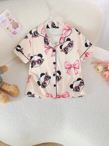 2pcs/Set Piyama Kasual Anak Perempuan Motif Panda dan Pita, Lengan Pendek dengan Kerah dan Celana Pendek, Cocok untuk Semua Musim - Aprikot - View 3