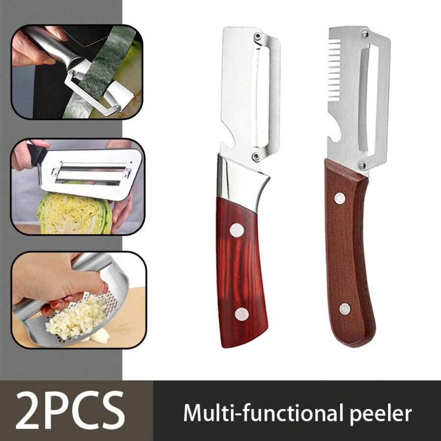 DZDSZQGST  Two-Piece Set Of 304 Multifunctional Stainless Steel Peelers, Wooden Handle Peeling Knife, Suitable For Sugar Cane, Pineapple, Potatoes, Home Kitchen Fruit And Vegetable Peeling Tool - 2 - View 1
