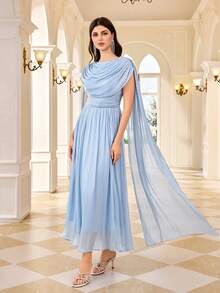 Women's Solid Color Draped Neckline And Extra Long Sleeve Elegant Romantic Dress - Baby Blue - View 3
