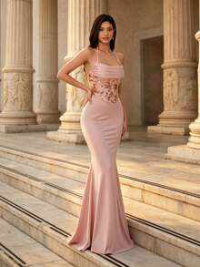 Robe de demoiselle d'honneur longue sirène drapée en satin rose élégant avec sequins, col drapé, convient pour les mariages, les fêtes, les dîners formels, les vacances et les bals de vacances - Rose bonbon - Voir 5