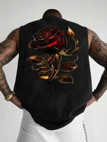 Men's Summer Fashion Comfortable Casual Red Rose Print Crew Neck Tank Top - Black - View 1