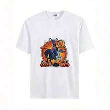 Men's T-Shirt With A Witch And Horses Print On A Full Moon, Festive Mexican Halloween Style, Whimsical Design With Glittery Pumpkins, Ideal For Fall Parties, Day Of The Dead, And More. - 白色 - 查看 12