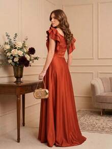Grife Velasco Elegant Long Bridesmaid Dress With Slit And Ruffled Sleeves - Terracotta - View 4