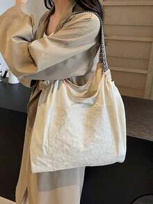 女款手提托特包，大容量防水絲綢布料刺繡托特包，獨特圖案，便攜式單肩托特包 - 白色 - 查看 2