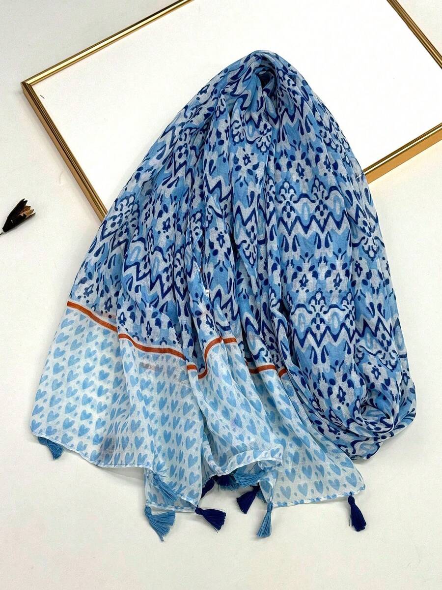 1件簡約印花女款絲巾 春夏防曬沙灘披肩 時尚百搭頭巾 - 淺藍色 - 查看 1