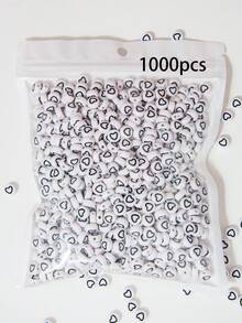 100-1000 pièces Perles en acrylique en forme de cœur, motif cœur avec goutte d'huile blanche et ligne noire, pour la fabrication de bijoux, les loisirs créatifs - Fond blanc avec des lignes noires et une forme de cœur - Voir 11