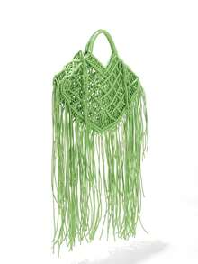 Handmade Woven Beach Vacation Tassel Bag - Green - View 2