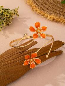 1pc Orange Enamel Drip Glaze Flower Open-Style Anklet, Niche High-End Fashion Personalized Leg Chain, Suitable For Women's Summer Daily And Vacation Wear - Orange-red - View 2