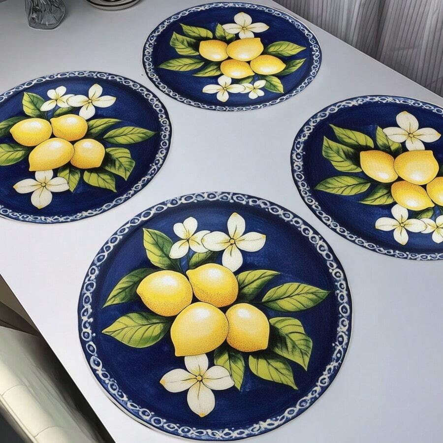 圓形與橢圓形聚酯纖維餐墊 36*36cm，復古檸檬籃與深藍檸檬花卉印花，防水耐熱可水洗，適用於餐桌裝飾與隔熱
