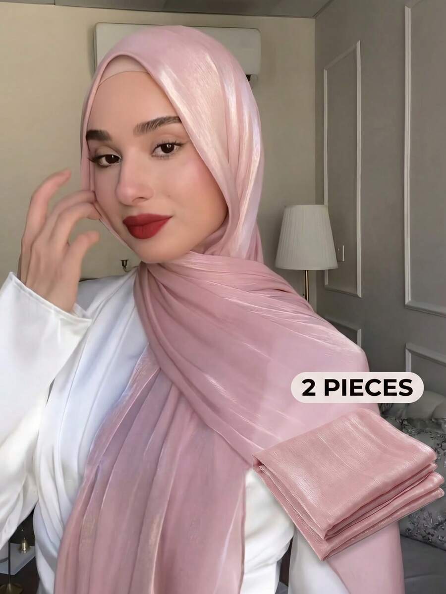 2pcs Jilbab Sutra Pulau Warna Polos Dasar Elegan Berkilau Lembut Gaya Arab Kasual Panjang Jilbab Konservatif Warna Polos Cocok Untuk Penggunaan Sehari-hari Jilbab Berkilau - Paket isi 2 warna pink - View 1