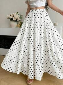 Falda larga con estampado de lunares EARO para mujer, diseño de cintura elástica, tela casual sin estiramiento, adecuada para uso diario blanco vacaciones - Blanco - Ver 1