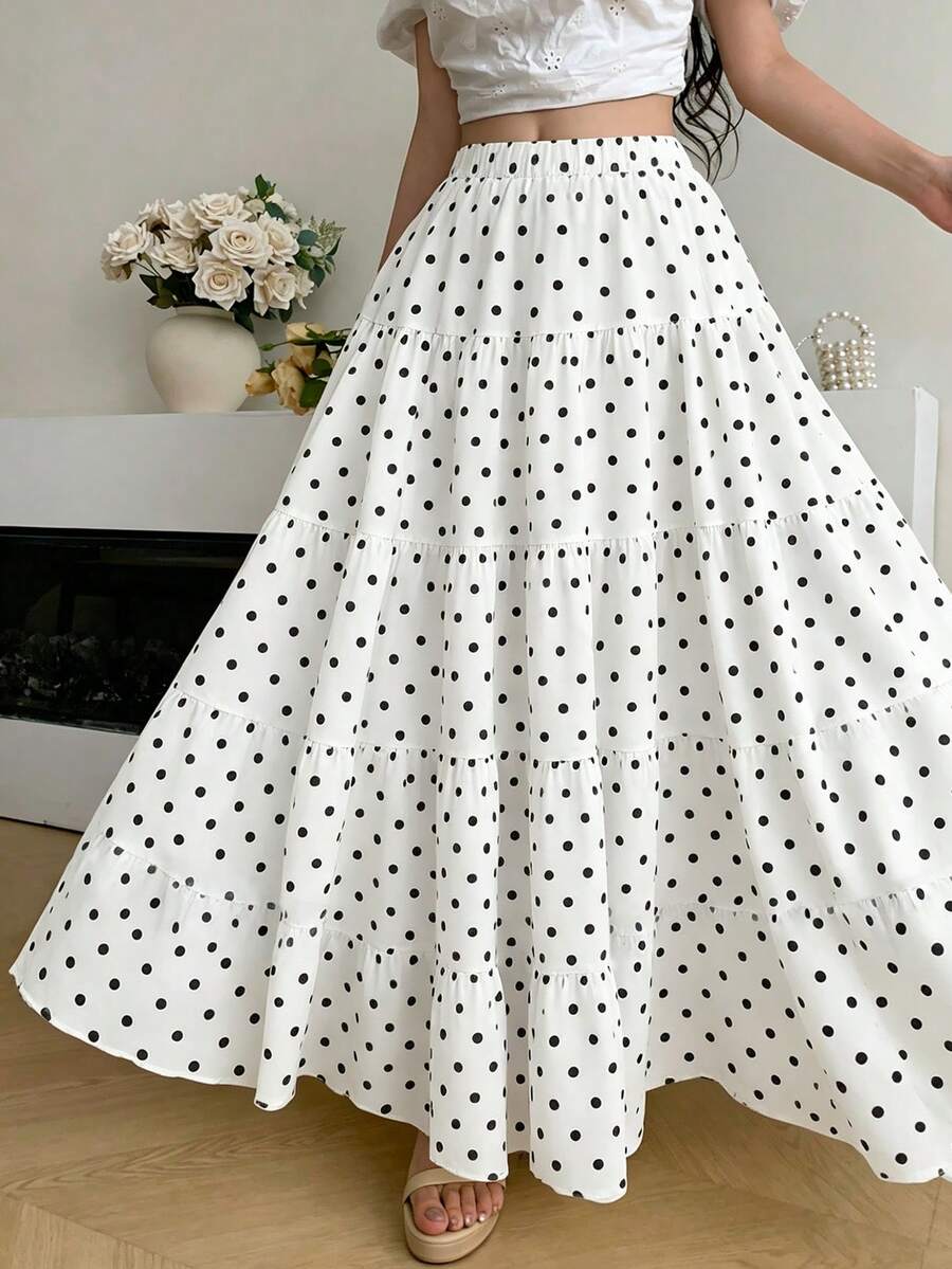 Falda larga con estampado de lunares EARO para mujer, diseño de cintura elástica, tela casual sin estiramiento, adecuada para uso diario blanco vacaciones - Blanco - Ver 1